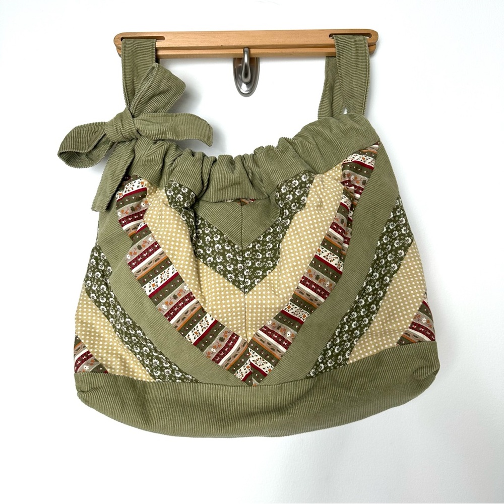 Boho Quilted Goblincore Handmade Tote Bag Cottagecore Chevron Corduroy Patchwork